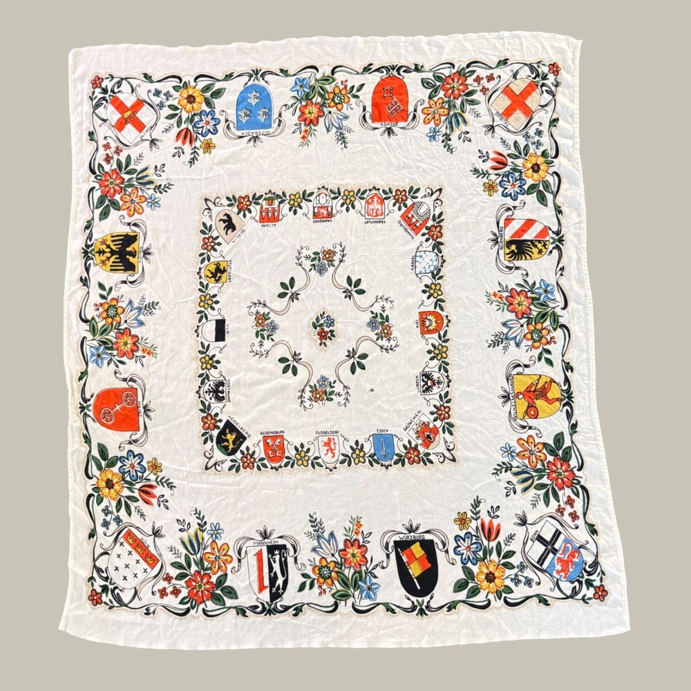Vintage German Cities Souvenir Tablecloth Floral Crests Coats of Arms White